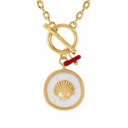 Collier avec Coquillage en Métal Émaillé Blanc et Fermoir en T