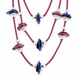 Collar de Varias Vueltas con Cordón Trenzado y Disco de Cerámica Fucsia