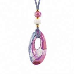 Collana con Pendente Ovale in Ceramica Fucsia su Cordino in Pelle Scamosciata