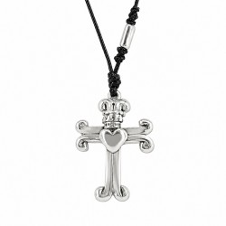 Necklace with Silver Cross, Heart & Snake Cord