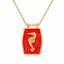 Necklace with Orange Enamel Metal Tag & Seahorse Design