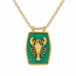 Necklace with Green Enamel Metal Tag & Lobster Design