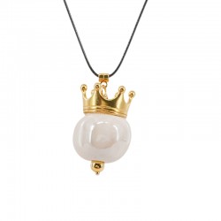 Collar Con Cuenta De Cerámica Blanca Y Corona Dorada
