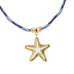 Collar con Estrella de Mar de Metal Esmaltado en Blanco sobre Cordón Azul