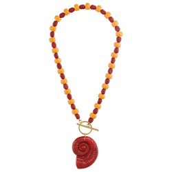 Collar Con Cuentas Naranjas, Concha Roja Y Cierre En T