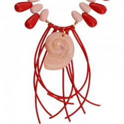 Statement Necklace with Red Drops & Shell Pendant