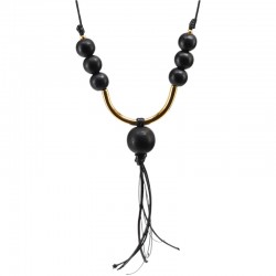 Collier avec perles en bois noir et barre en métal doré