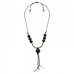 Necklace with Black Wooden Beads & Metal Gold Bar