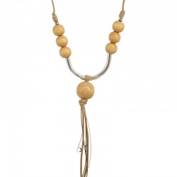 Collier avec Perles en Bois Écru et Barre en Métal Argenté