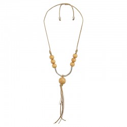 Collier avec Perles en Bois Écru et Barre en Métal Argenté