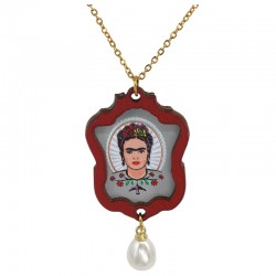 Necklace with Red Wooden Frida Kahlo Frame & Pearl