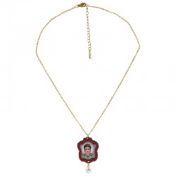 Collier avec Cadre Frida Kahlo en Bois Rouge et Perle