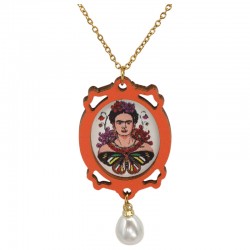 Collana con Cornice in Legno Arancione Frida Kahlo e Perla