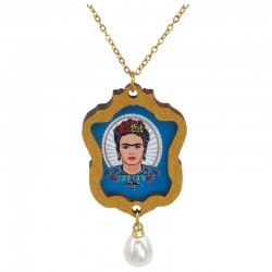 Necklace with Gold Wooden Frida Kahlo Frame & Pearl