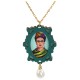 Necklace with Green Wooden Frida Kahlo Frame & Pearl