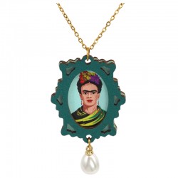 Collier avec Cadre Frida Kahlo en Bois Vert et Perle