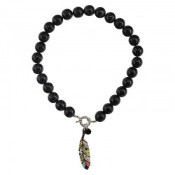 Collier Rétro Pop avec Perles Noires et Pendentif en Plumes Plexi