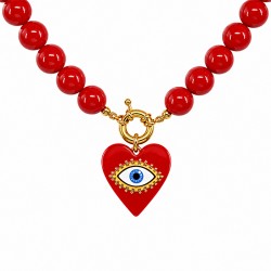 Retro Pop Necklace with Red Beads & Plexi Heart Pendant