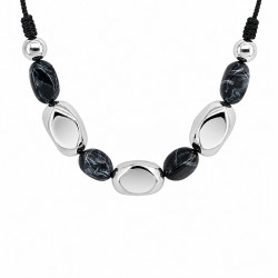 Modern Necklace with Silver & Black Beads on Black Cord
