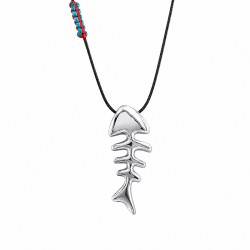 Necklace with Silver Metal Fishbone Pendant on Black Cord