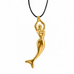 Necklace with Gold Metal Mermaid Pendant on Black Cord