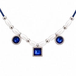 Necklace with Pearls, Blue Geometric Crystals & Beads