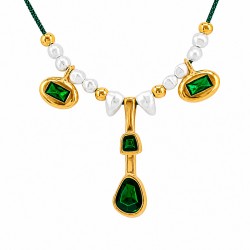Collana con Perle, Cristalli Geometrici Verdi e Perline