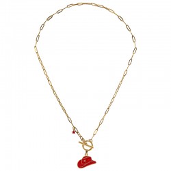 Gold Necklace with Red Enamel Cowboy Hat & T-Bar Clasp