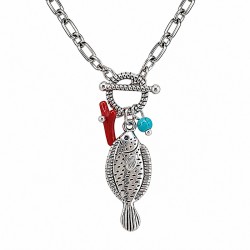 Necklace with Silver Metal Fish Pendant & T-Bar Clasp