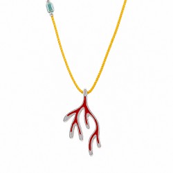 Collar con colgante de coral de metal plateado esmaltado en rojo