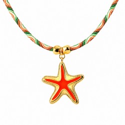 Collier avec Étoile de Mer en Métal Émaillé Rouge sur Cordon Vert Multicolore