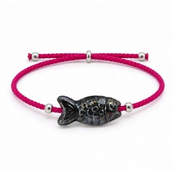 Pulsera Con Pez De Cerámica Negra En Cordón Fucsia