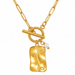 Collier avec un Visage Abstrait Doré et un Fermoir en T