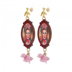 Κρεμαστά Σκουλαρίκια Frida Kahlo με Κόκκινο Δαντελωτό Πλαίσιο
