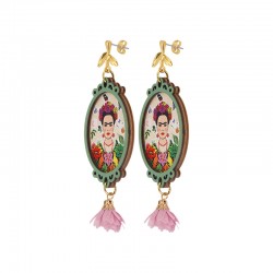 Pendientes Largos de Frida Kahlo con Marco de Encaje Verde Oliva y Flores