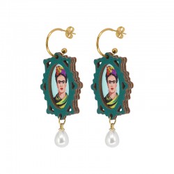Σκουλαρίκια Frida Kahlo με Πράσινο Πλαίσιο & Περλίτσα