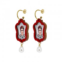 Σκουλαρίκια Frida Kahlo με Κόκκινο Πλαίσιο & Περλίτσα