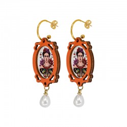 Orecchini Frida Kahlo con montatura arancione e perla