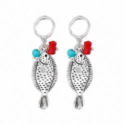 Orecchini Pendenti in Argento con Ciondolo a Forma di Pesce e Corallo