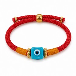 Bracciale con Cubo in Resina Azzurra su Cordoncino Rosso