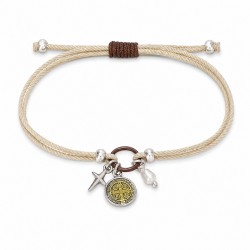 Bracelet with Amulet, Small Cross & Pearl on Beige Cord