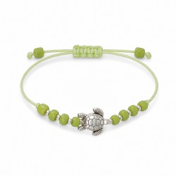Pulsera Con Tortuga De Plata Y Cuentas En Cordón Verde Lima