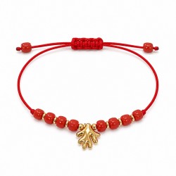 Pulsera Con Coral Dorado Y Cuentas En Cordón Rojo
