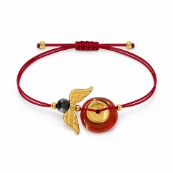 Pulsera con Alas de Ángel Doradas y Disco en Cordón Rojo