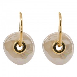 Gold Hoop Earrings with Cream Ceramic Disc