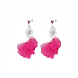 Earrings with Filigree & Fuchsia Fabric Flowers