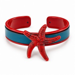 Bracelet Manchette avec Étoile de Mer Rouge sur Cordon en Cuir Plat