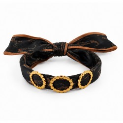 Bracelet with Brown Print Scarf, Gold Textured Rings & Bow