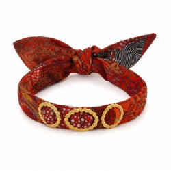 Bracelet with Red Print Scarf, Gold Textured Rings & Bow