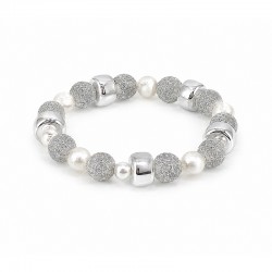 Bracelet with Pearls & Textured Silver Acrylic Beads